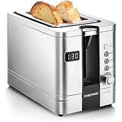 Chefman 2-Slice Digital Toaster, Pop-Up, Stainless Steel, Extra-Wide Slots For Bagels, Defrost, Reheat, Cancel Functions, Removable Crumb Tray