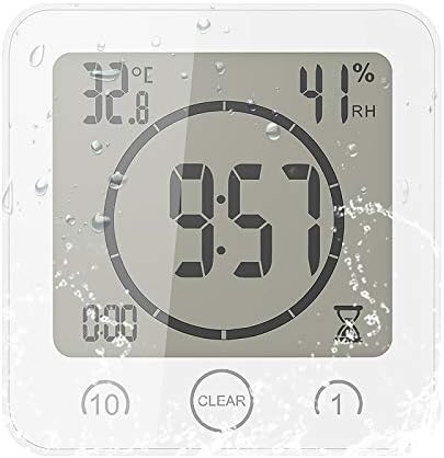 BIOBEY Digital Bathroom Clock Shower Timer with Alarm Bathroom Temperature Humidity Clock,Waterproof Thermometer Hygrometer Wall Clock with Suction Cup Hanging Hole Stand 1PC