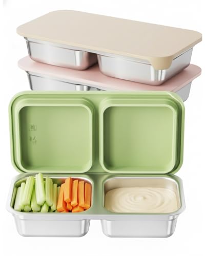 TOVICE 3 Pack Stainless Steel Snack Containers, 2 Compartment Reusable Snack Containers with Silicone Lids for Travel, Outdoor, Camping, Freezer & Dishwasher Safe