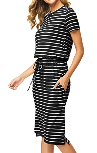 Image of Simier Fariry Womens Summer Hide Belly Knee Length Travel Dress Pocket Short Sleeve Midi Work Casual Outfits