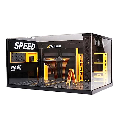Harilla 1/24 Simulation Garage Vitrine Display Landschaft Modell mit Licht Auto Werkstatt Szene Modell für Landschaft Mikro Landschaft Diorama Ornament, Mit Brett Stil a