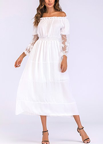 Moniss Vestido feminino sexy maxi longo ombro a ombro rendado manga flare elegante festa à noite ves