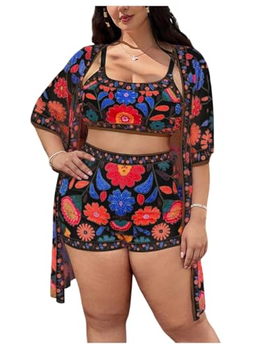 Maillot de bain tankini femme floral short de bain et cache-maillot kimono