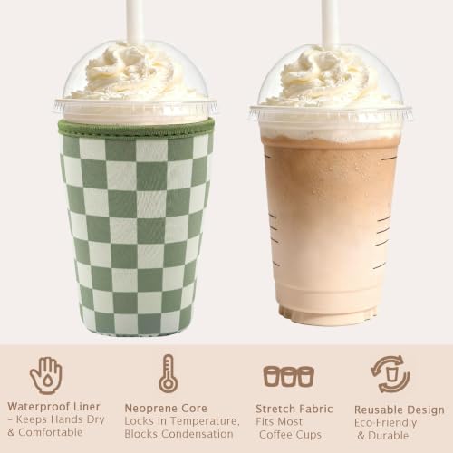 Image of Reusable Insulated Neoprene Iced Coffee Cup Sleeve, Durable Drink Sleeve for Cold Beverages, Beverage Holder for Iced Coffee (Olive Checkers)