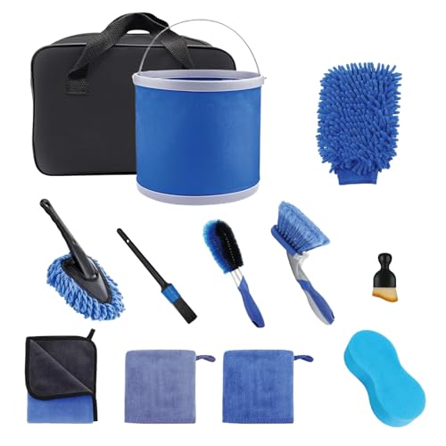 DYUEE Car Cleaning Kit Car Washing Kit 12Pcs Interior/Exterior Auto Car Care Set with Storage Bag 9L Foldable Bucket Detailing Brush Wheel Brush Wash Mitt Sponge Towel for Cars Motorcycles Bikes