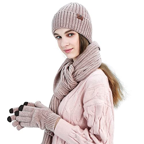 Image of LumiSyne Winter 3 In 1 Scarf Hat Glove Set For Men Women Knitted Beanie Hat Exquisite Jacquard Solid Color Scarf Touch Screen Gloves Advanced Soft Chenille Fabric (Pink)
