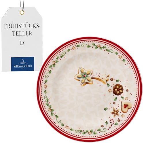 Villeroy & Boch Winter Bakery Delight Frühstücksteller Sternschnuppe, 21,5 cm, Premium Porzellan, Weiß/Rot/Beige
