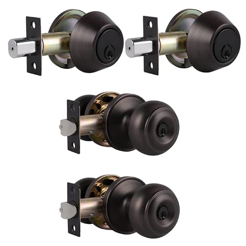 Probrico Keyed Alike Door Knobs with Single Cylinder Deadbolts, Entrance Door Knob Front Door Knob and Deadbolt Set with Same Keys, Oil Rubbed Bronze, 2 Pack