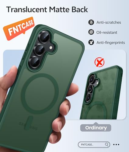 FNTCASE for Samsung Galaxy S25 FE Case: Magnetic Translucent Matte Military Grade Drop Proof Protection Cell Phone Cover - Slim Rugged Durable Shockproof Protective S25Fe Cases (Green-6.7 inch) - 6