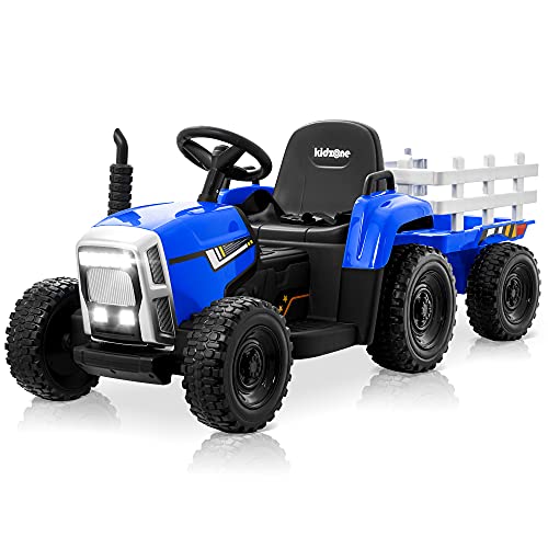 Kidzone 12V 7AH Kids Battery Powered Electric Tractor with Trailer Toddler Ride On Toy with EVA Treaded Tires, 3-Gear-Shift, 7-LED Lights USB & Bluetooth Audio - Blue