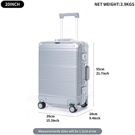 GinzaTravel Suitcase Small Size Aluminium Frame Carry on PC Hard Shell Lightweight Suitcases with Double TSA Locks Cup Holder Hand Luggage for Travel Silver