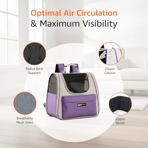 Image of Amazon Basics Cat Carrier Bag | Lightweight Soft-Sided Pet Travel Carrier with Transparent Window | Ventilated | Portable Hand & Shoulder Carry Bag for Cats & Small Pets | Purple | 36Lx21.5Wx32.5H cm