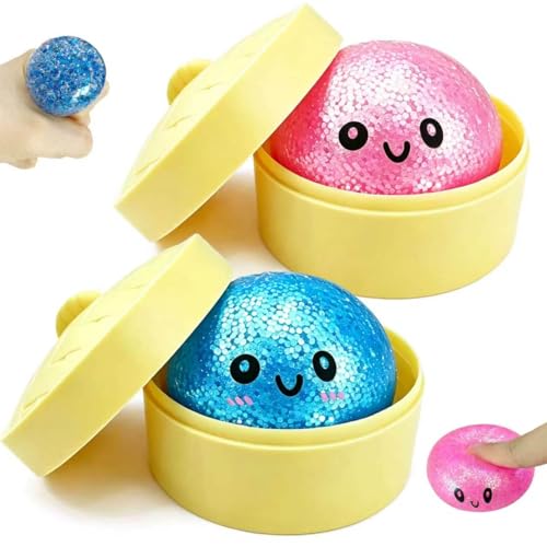 2 Pack Mini Dumpling Squishy Fidget Toys, Glitter & Bead Filled Stress Balls, Soft Slow Rising TPR Smiley Squeeze Toy, Tear-Resistant Sensory Toy for Stress Relief, Party Favors (Pink & Blue)