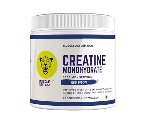Image of Muscle Asylum Creatine Monohydrate Red Bison Flavour | 3000mg Creatine Per Serving | Pre Workout Supplement for Strength, Energy, Endurance & Muscle Recovery | Micronized Creatine Powder | 62 Servings | 250g