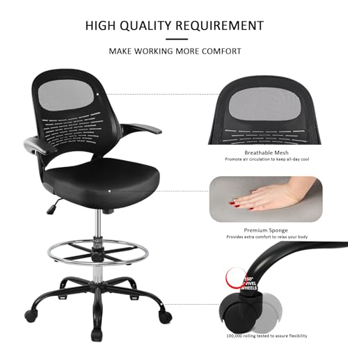 Image of HYLONE Drafting Chair Tall Office Chair with Flip-Up Armrests Ergonomic Computer Chair with Lumbar Support Adjustable Footrest Ring Mesh Standing Desk Chair (Black)