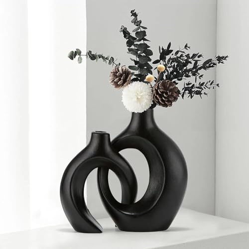 Anquephd Snuggle - Juego de 2 jarrones de cerámica hueca para decoración del hogar, diseño nórdico moderno, estilo bohemio, florero decorativo de cerámica para decoración del hogar, color negro
