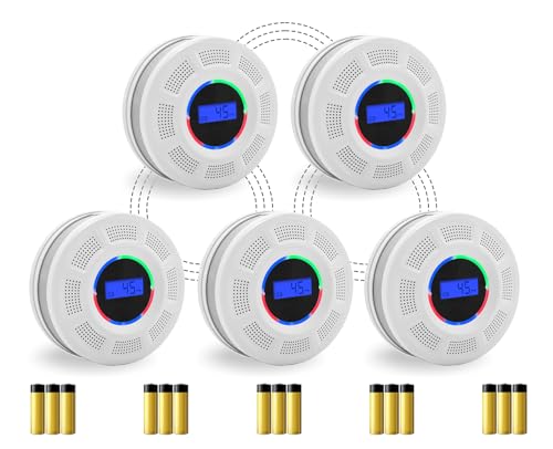 GiiHoo Wireless Interconnected Smoke Carbon Monoxide Detector Battery Powered, Interlinked Combination Smoke and Carbon Monoxide Detector Alarm with Digital Display, Silence Button (White-5)