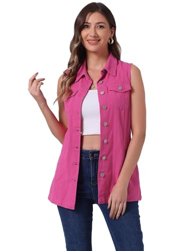 Gilet en jean boutonné pour femme veste en denim sans manches rose vif