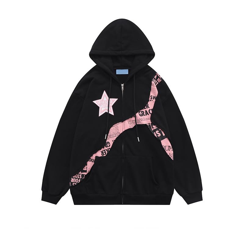 CYee Men's Baggy Graphic Zipper Hoodies Acubi Y2k Drawstring Outwears Punk Harajuku Jacket Preppy Long Sleeve Pullover