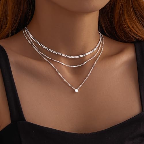 WomenGifts Layered Gold Necklaces for Women, 14K Gold Plated Silver Dainty Pendant Necklace Set with Double Diamond Circle, Chunky Stackable Cuban Chain Choker, Trendy Waterproof Jewelry Gift2