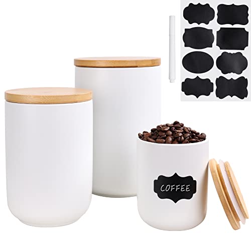 Kitchen Canisters Set With Airtight Bamboo Lid, Ceramic Canister Set of 3, Sugar Flour Coffee Containers for Countertop, Food Storage Container Jars Set for Tea Beans, White