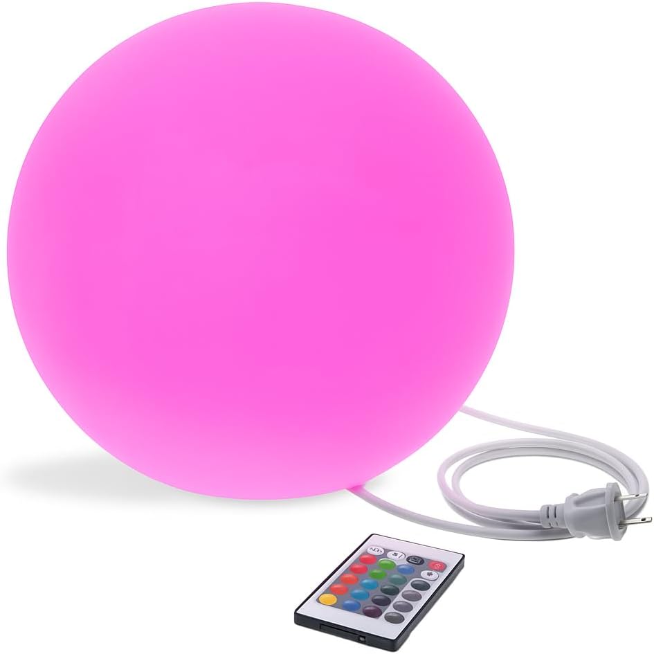 Color-Changing LED Glow Ball - 16-Color Remote-Controlled Light Sphere w/Power Cord – Indoor/Outdoor Ambient Mood Lighting, Waterproof, Plug-in (12")