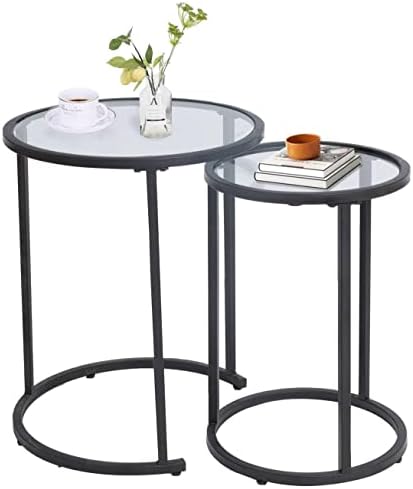 RiteSune Round Glass Black Nesting Side End Accent Tables Set of 2, Small Stacking Coffee Table for Small Space Living Room, Bedroom, Christmas, New Year (Black)