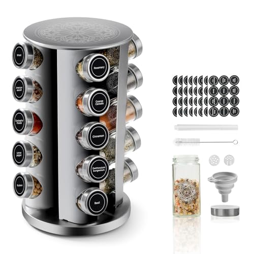 FRIBERG Rangement Epices Cuisine Avec 20 Pot À Épices Ronds,Carrousel À Épices En Acier Inoxydable,Rotation 360° Porte Epices Cuisine Rotatif Avec...
