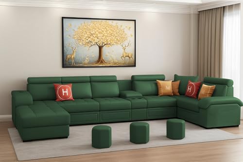 Image of Casaliving Emerson Modern U-Shaped Sectional Sofa Set 9 Seater, Sofa Couch with 3 Puffy for Hall (Green Colour) Premium Leatherette Fabric Sofa