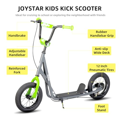 Image of JOYSTAR Kick Scooter for Kids with 12 Inch Front and Rear Wheel, Rear V-Brake and Adjustable Handlebar, Youth Scooter for Indoor & Outdoor, Green