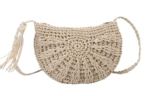 Boho Crossbody Shoulder Bag for Women - Straw Bohemian Style Beach Purse with Tassel - Small Natural Beige Woven Ladies Handbag for Travel and Vacation