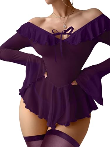 Image of Foxiny Sheer Ruffle Long Sleeve Babydoll Lingerie Dress | Off-shoulder neckline, flared cuffs and a flounce hem add movement; thong and thigh-high stockings complete the 3-piece set