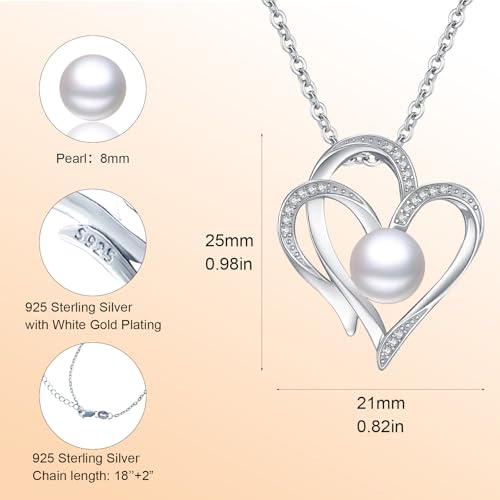 8mm Pearl Necklace 925 Sterling Silver Jewelry AAAAA Cubic Zirconia Heart Pendant Necklace Best Gifts for Mom Women Girlfriend Grandma Friend Lover Her Wedding Birthday Anniversary Graduation Daily — view 6