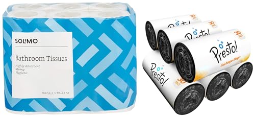 Image of Solimo 3 Ply Toilet Paper /Tissue Roll - 160 Sheets (Pack of 12) Amazon Brand - Presto! Oxo-Biodegradable Garbage Bags, Small (17 x 19 inches) - 30 bags /roll (Pack of 6)