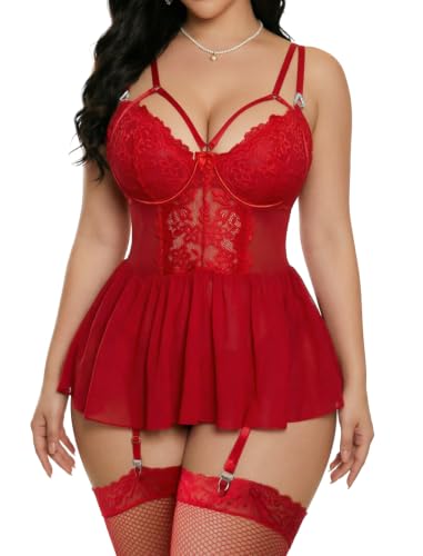 Image of 4 pieces Lace Lingerie Matching Sheer Skirts High Waisted Sexy Bodysuit