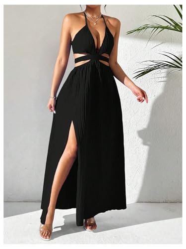 Image of SHENHE Women's Sexy Cut Out Tie Backless Halter Deep V Split Thigh Party Night Maxi Dress
