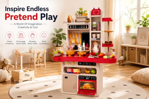 Image of Kids Kitchen Play Set, 81 Pcs Pretend Cooking Set with Water Sink, Lights & Sounds