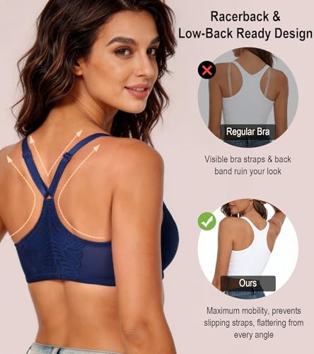 Image of HACI Women's Front Closure Bra Underwire Unpadded T-Back Plus Size Lacy Full Coverage Racerback T-Shirt Unlined