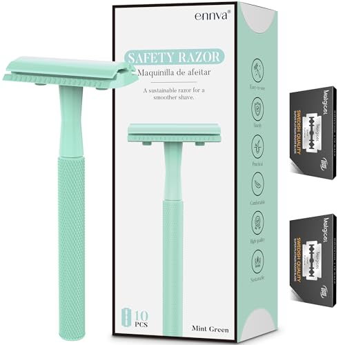 ENNVA Double Edge Safety Razor, Single Blade Razor with 10 Blades, One Blade Razor for Women, Razors for Men One Blade, Reusable Razor Women, Metal Safety Razor Kit, Free of Plastic - Mint Green