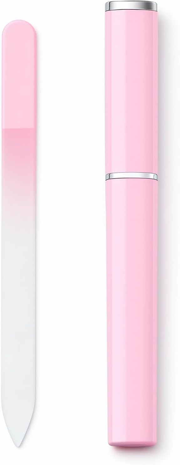 Glass Nail File with Case, 1 Pack Crystal Fingernail File for Natural Nails – Double-Sided Etched Czech Glass Nail Filer, Gentle Nail Care, Portable Manicure Tool for Women & Men (Pink)
