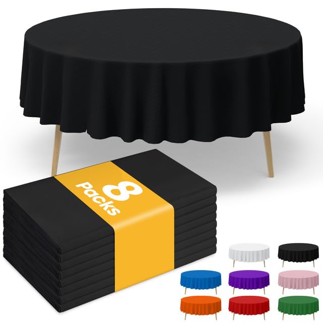 Niuara Black Plastic Table Cloth - 8 Pack 84" Round Disposable Tablecloths for Round Tables, Table Cover for Holiday Parties &amp; Gatherings