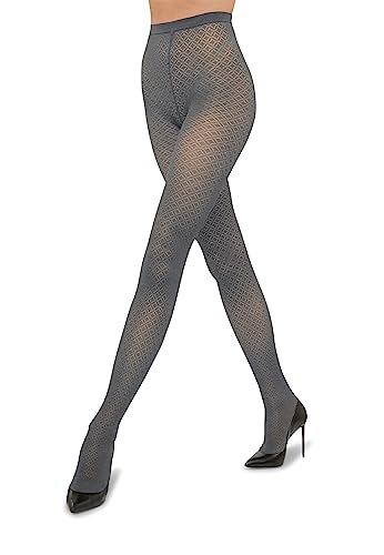 Image of Wolford, Light Grey 50 Denier Pattern Tights with Logo Knitted Opaque Effect, Soft Pewter, L Tall