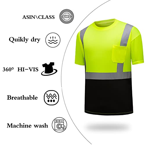 Dpsafety High Visibility Shirts Quick Dry Safety T Shirts With Reflective Strips And Pocket Short Sleeve Mesh Hi Vis Construction Work Class 2 Shirt For Men/Women Black Bottom Lime,Medium #TOP2