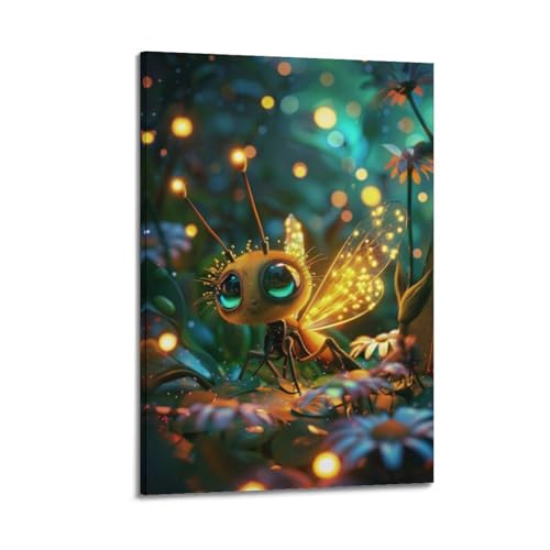 Poster luciole et fleurs 40x60 cm sous cadre pour salon