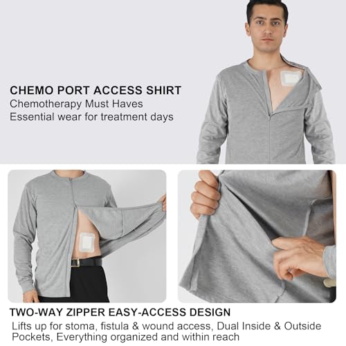 Chemo Port Access Long Sleeve Shirt for Men - Post Shoulder Surgery Recovery with One-Hand Zipper & Puppy Flap3
