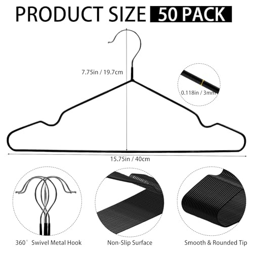 Seuqhck Rutschfeste Metall-Kleiderbügel, Draht-gummibeschichtete Kleiderbügel mit runden Kerben, robust, platzsparend, für Hosen, Trägerkleid, Hemd, Camisole schwarz, 50 Stück
