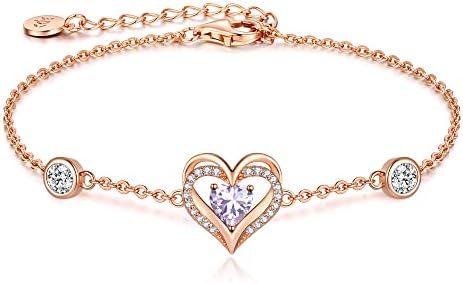 CDE Love Heart Bracelets for Women 925 Sterling Silver with Birthstone Zirconia, Christmas Birthday Anniversary Charm Link Chain Bracelet Jewelry Gifts for Women Girls Wife Girlfriend Her (Rose Gold-06-June(Heart Zircon))