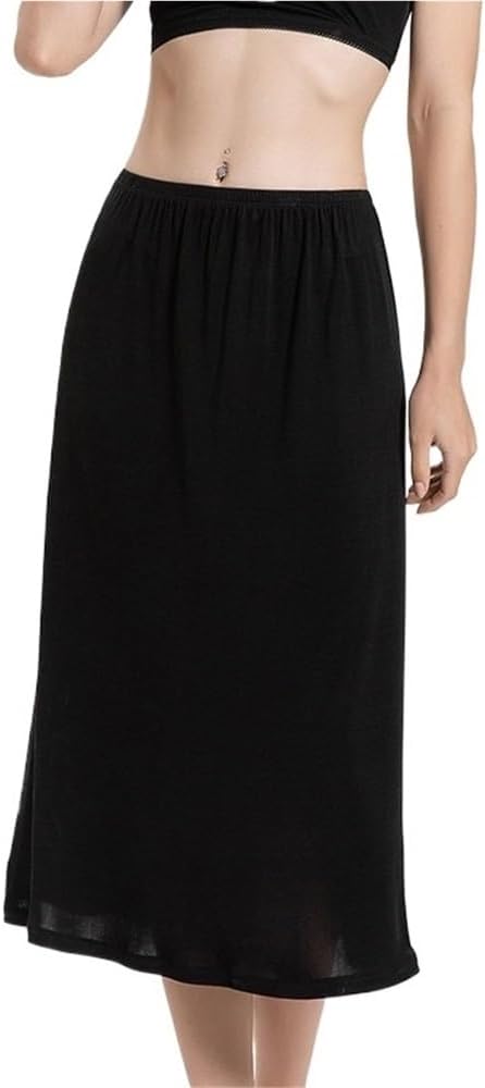 Silk Half Length Slip Dress Anti Fading Skirt for Women Inner Lining Anti Penetration Underskirt Summer Petticoat(Black)