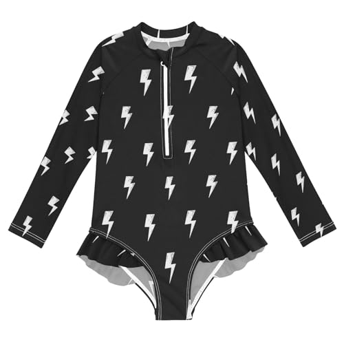 Lightning Bolt Pattern Print Girls Rash Guard Swimsuits Long Sleeve One Pieces Bathing Suit UPF 50+ Zipper Swimwear