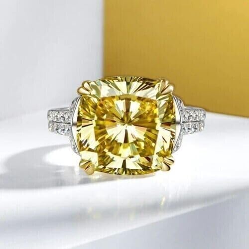 Purvika Jewels Engagement Ring, 4.00 Ct Cushion Cut Lab Created Yellow Citrine, 925 Sterling Silver, 14K White Gold Finish